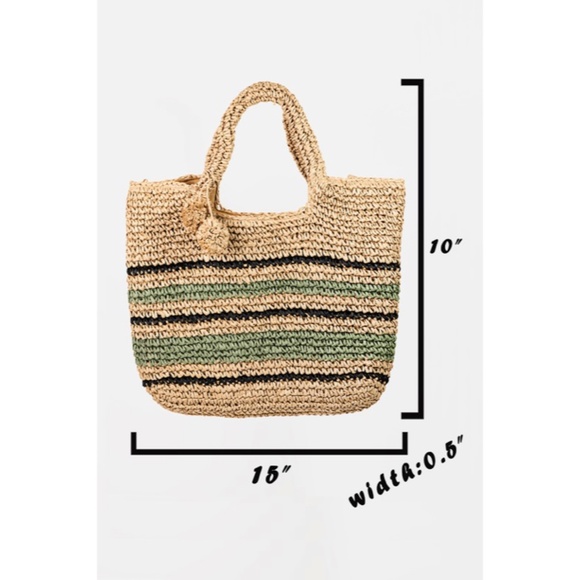 SOLD OUT Khaki Green Striped Woven Straw Braided Summer Tote Bag - Picture 3 of 5